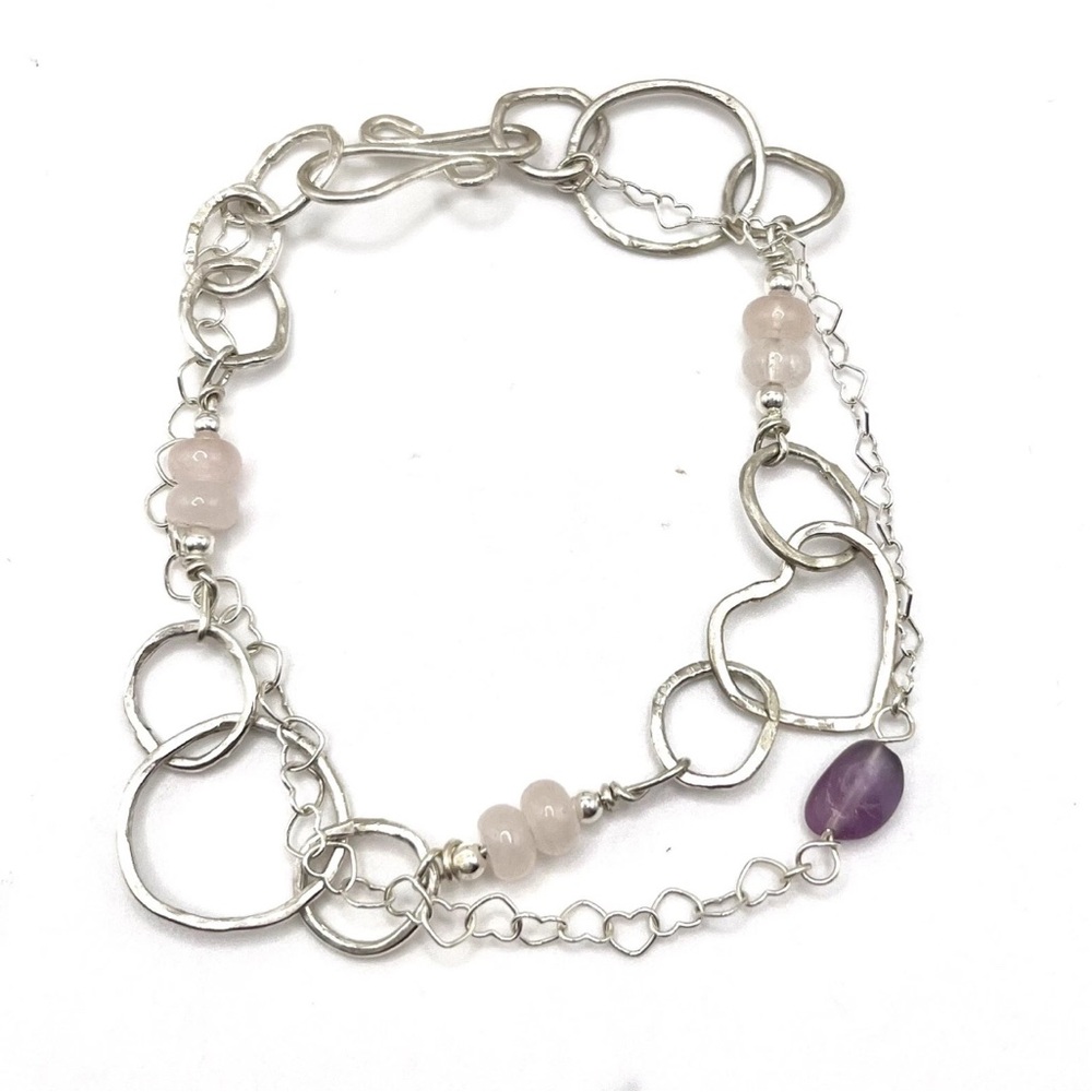 Handmade artisan Chain Bracelet Sterling 925 Wrapped Rose Quartz amethyst
